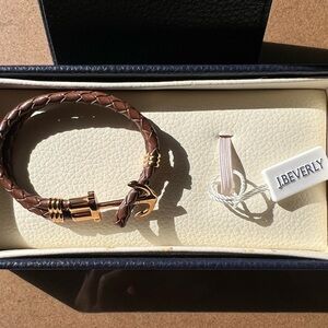 Everly Brown Braided Leather Bracelet with Gold-Tone Anchor Clasp